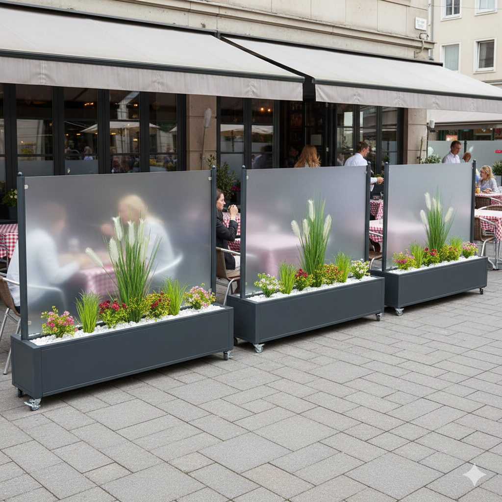 Mobiler Windschutz mit Pflanzkasten - wetterfest & rollbar - Sicherheitsglas in 150 cm & 200 cm
