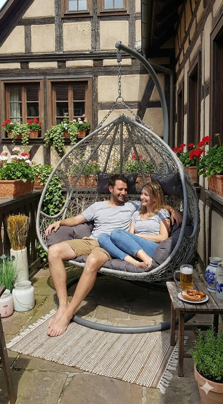 XL Hängesessel Polyrattan Grau – Hängesessel Outdoor & Indoor für 2 Personen mit Gestell