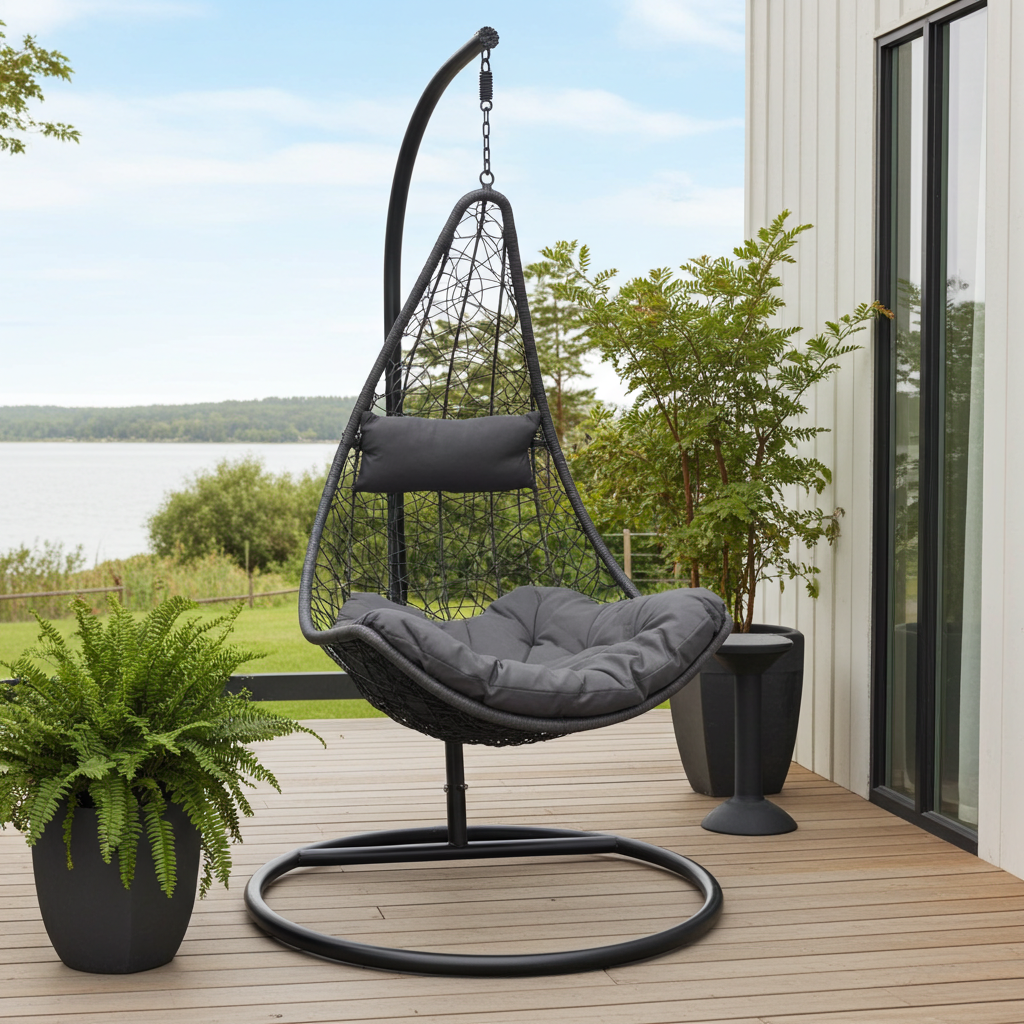 Hängesessel mit Gestell Schwarz – Indoor & Outdoor Hängeschaukel mit Polyrattan