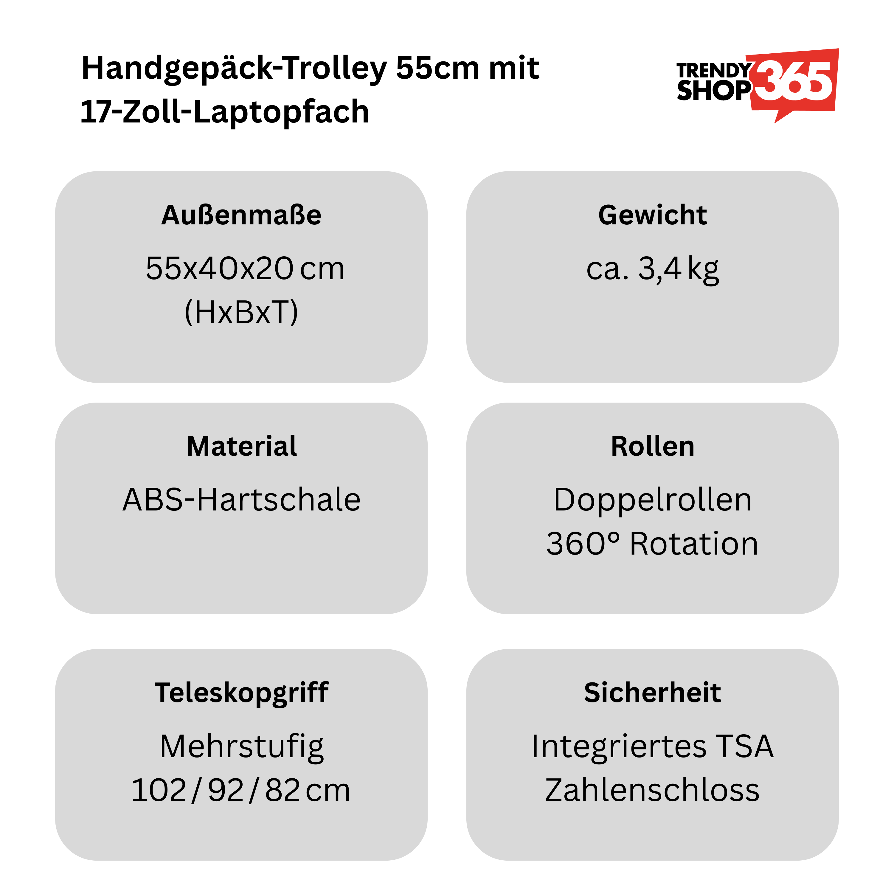Handgepäck-Trolley 55cm mit 17-Zoll-Laptopfach