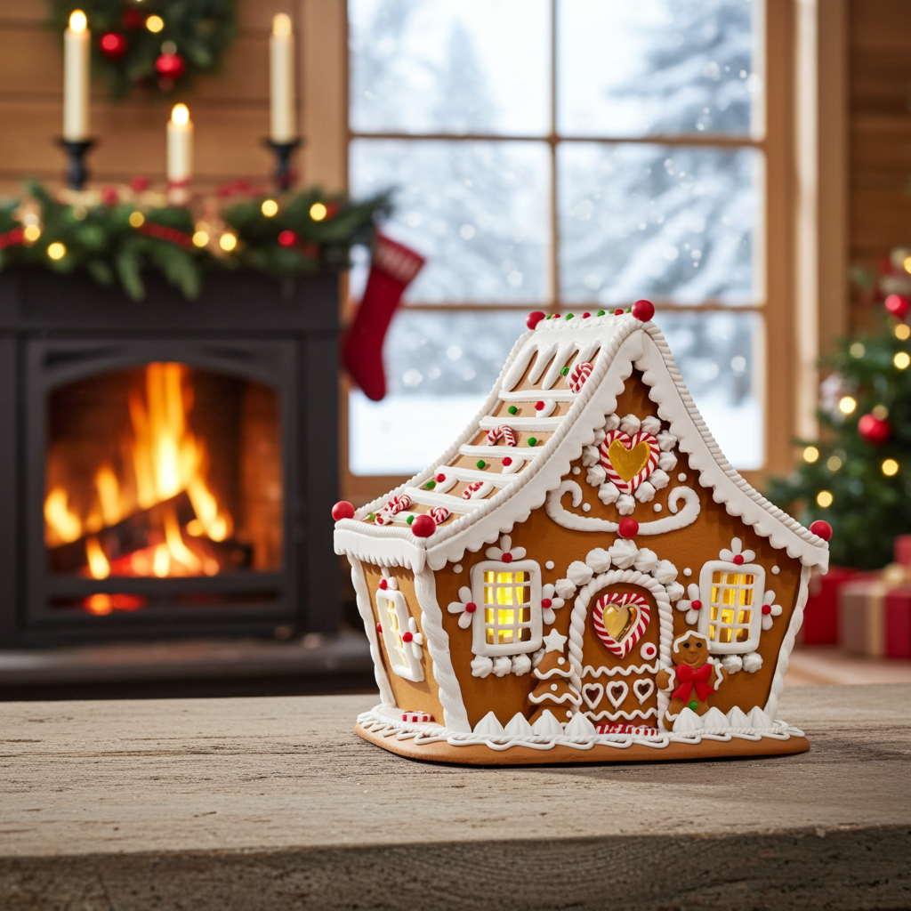 LED Lebkuchenhaus 21cm braun-weiß