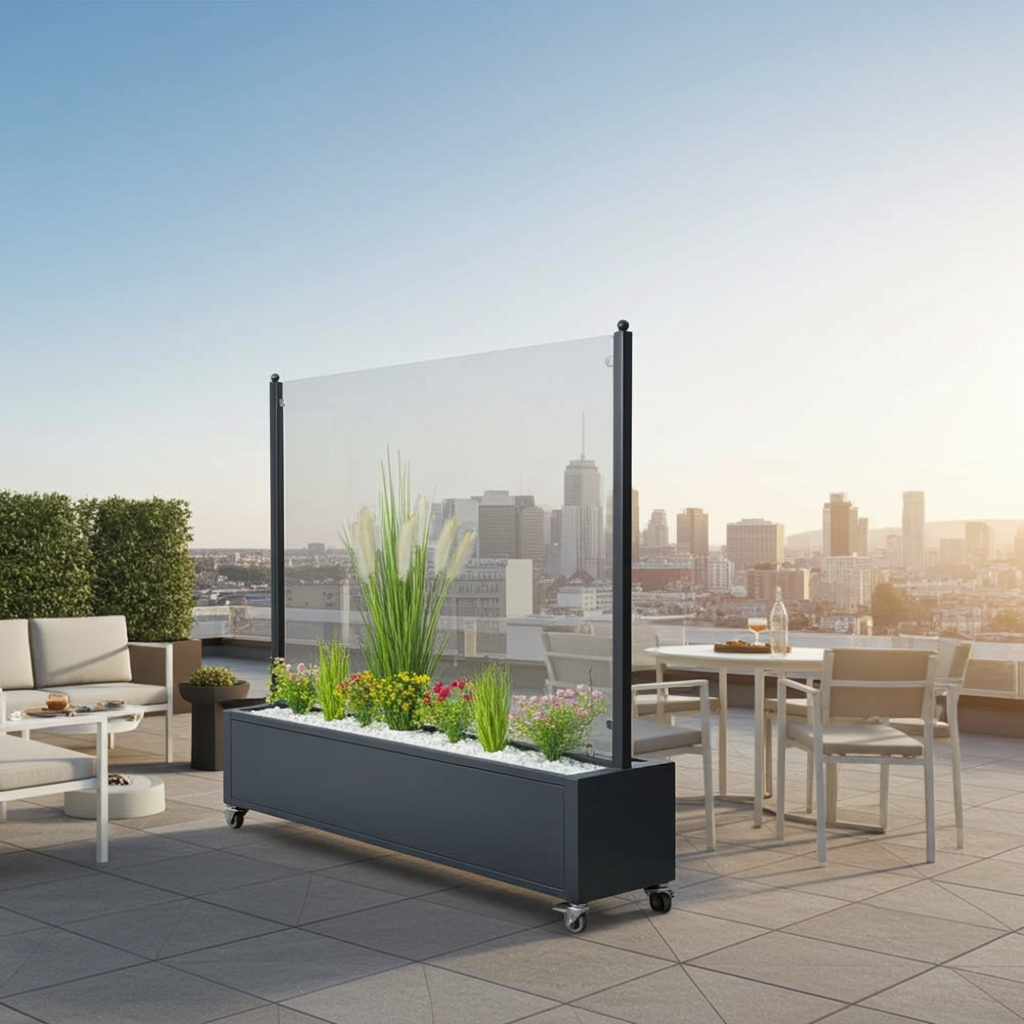 Mobiler Windschutz mit Pflanzkasten - wetterfest & rollbar - Sicherheitsglas in 150 cm & 200 cm