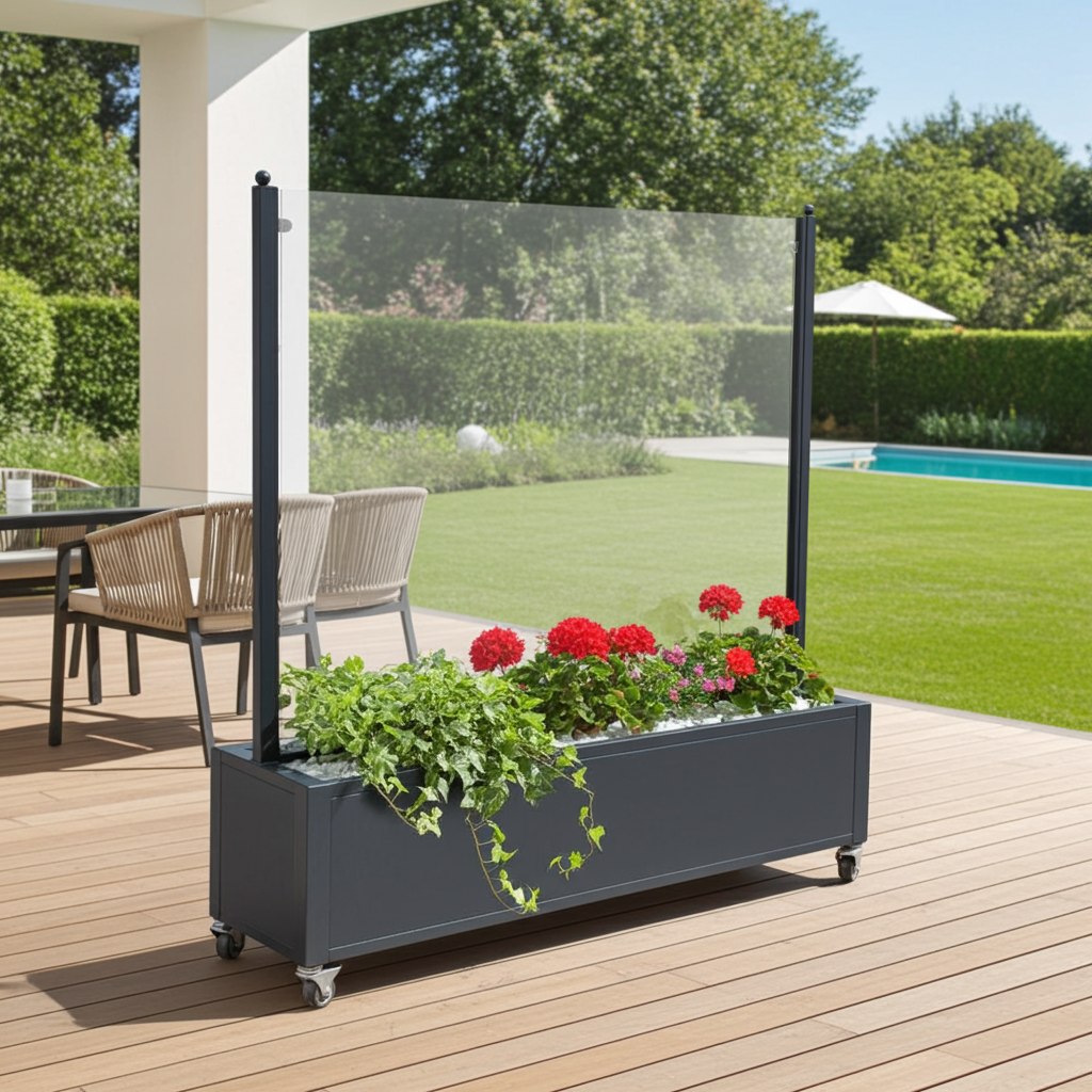 Mobiler Windschutz mit Pflanzkasten 200 cm - Klarglas