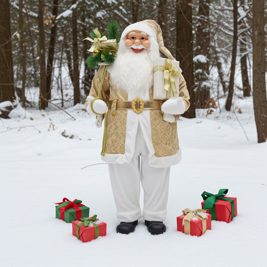 Weihnachtsmann 180cm Elegante Santa Figur in Creme & Gold mit weißem Bart