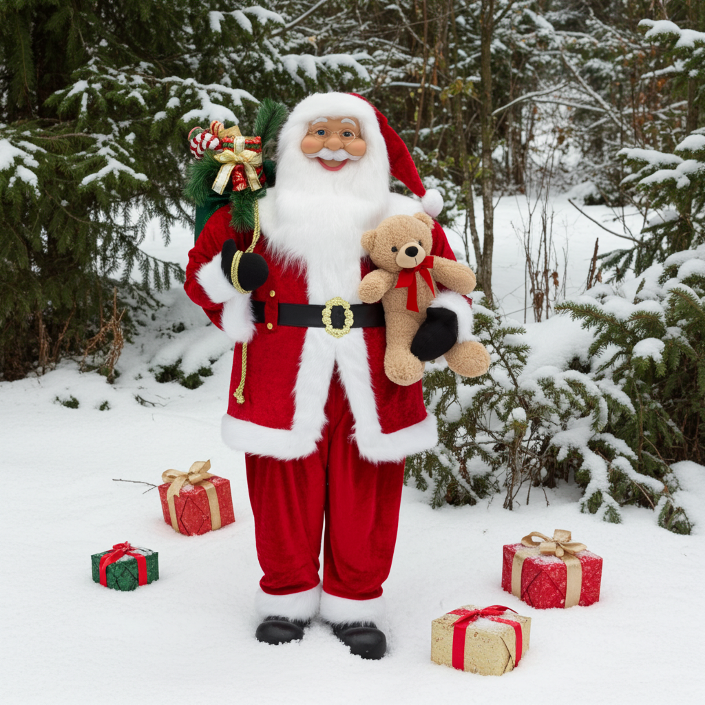 Weihnachtsmann 180cm mit rote, klassische Optik, Geschenkesack und Teddybär