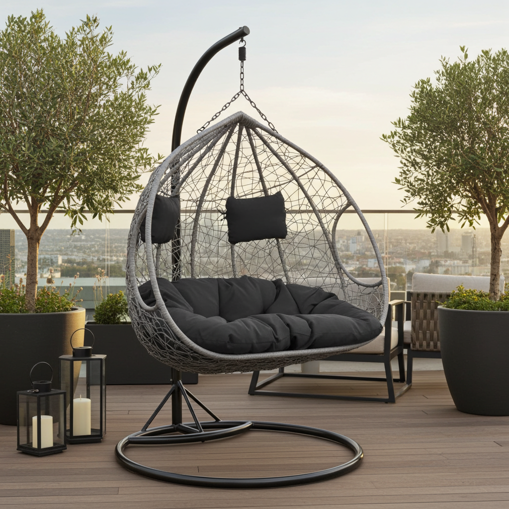 XL Hängesessel Polyrattan Grau – Hängesessel Outdoor & Indoor für 2 Personen mit Gestell