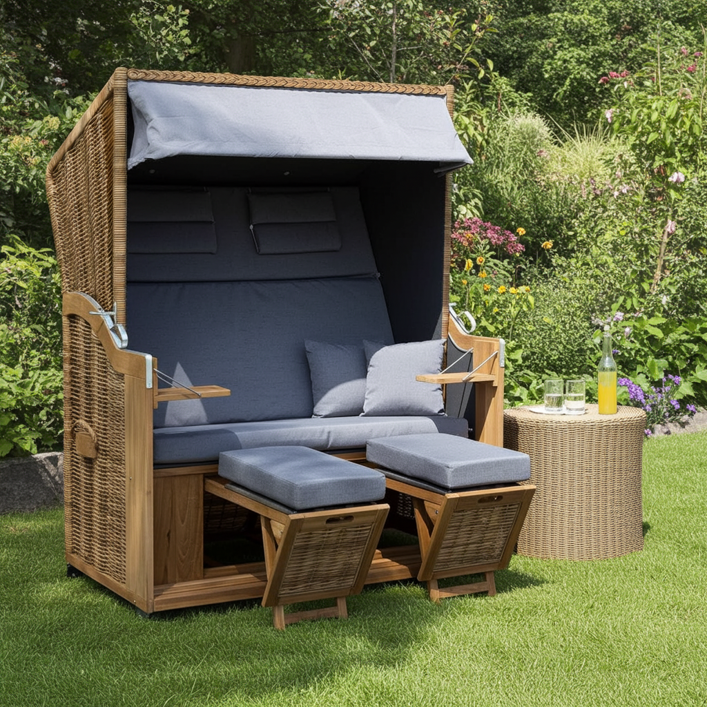 XL Teak Strandkorb 2-Sitzer grau – B-Ware mit leichten Polsterflecken (voll funktionsfähig)