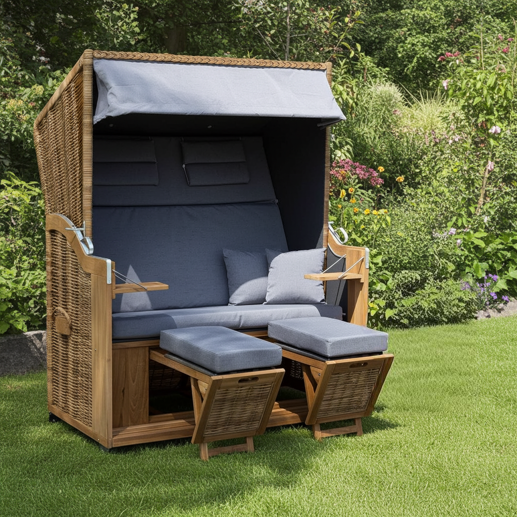 XL Teak Strandkorb 2-Sitzer grau – B-Ware mit leichten Polsterflecken (voll funktionsfähig)