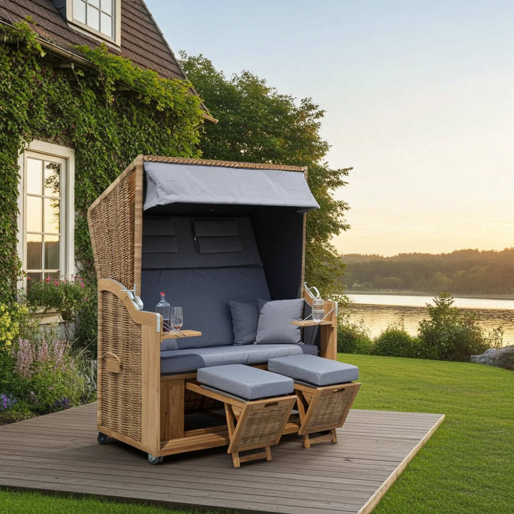 XL Teak Strandkorb 2-Sitzer grau – B-Ware mit leichten Polsterflecken (voll funktionsfähig)