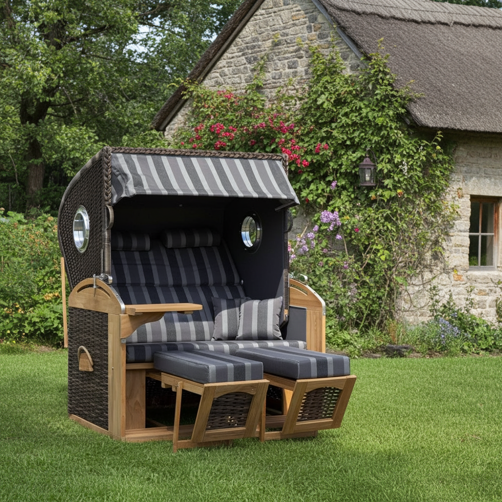 XL Teak Strandkorb 2-Sitzer Vollieger grau-beige kariert