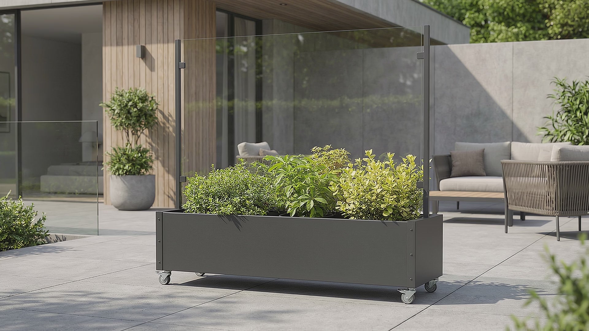 Windschutz Terrasse mobil 196 cm mit Pflanzkasten – Sicherheitsglas – Sichtschutz Garten Balkon – Rollen – pulverbeschichtet anthrazit