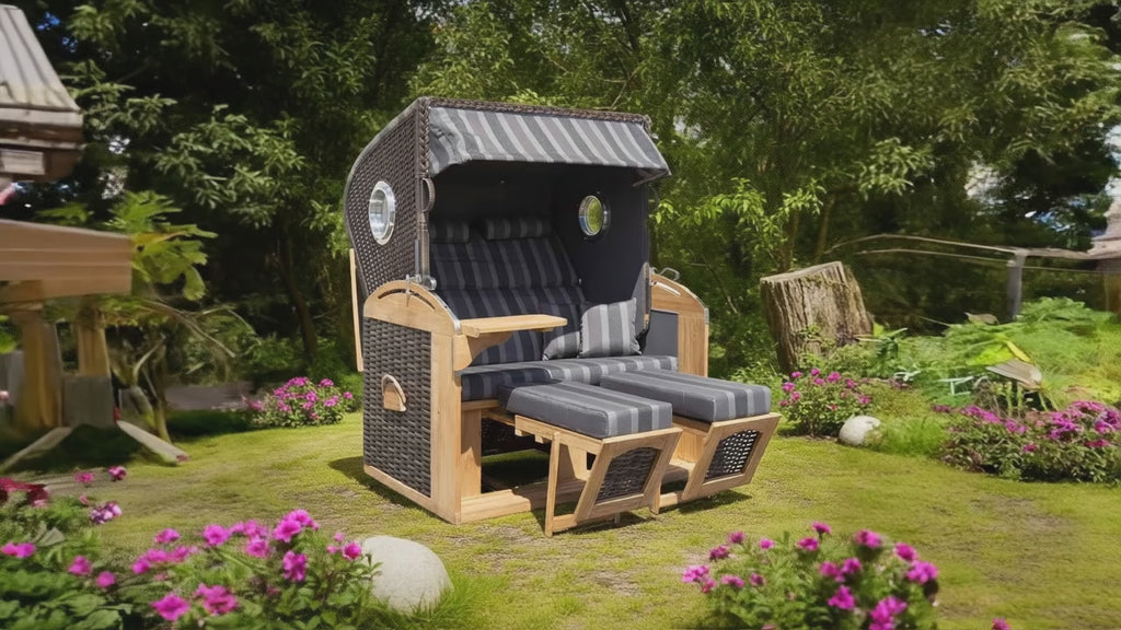 XL Teak Strandkorb 2-Sitzer Vollieger grau-beige kariert