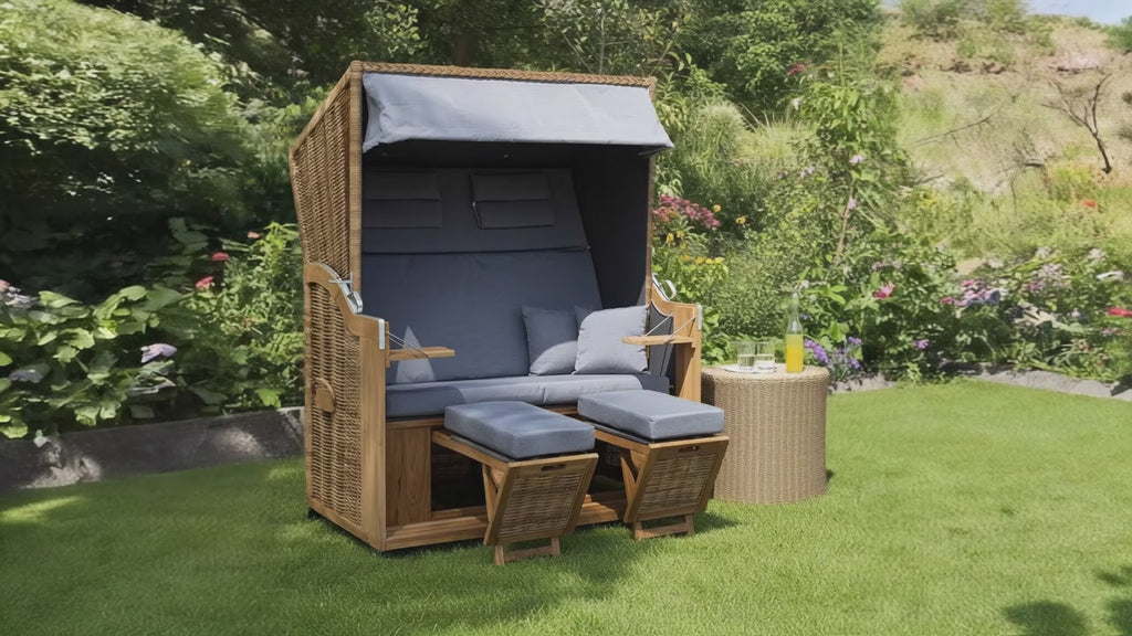 XL Teak Strandkorb 2-Sitzer grau – B-Ware mit leichten Polsterflecken (voll funktionsfähig)