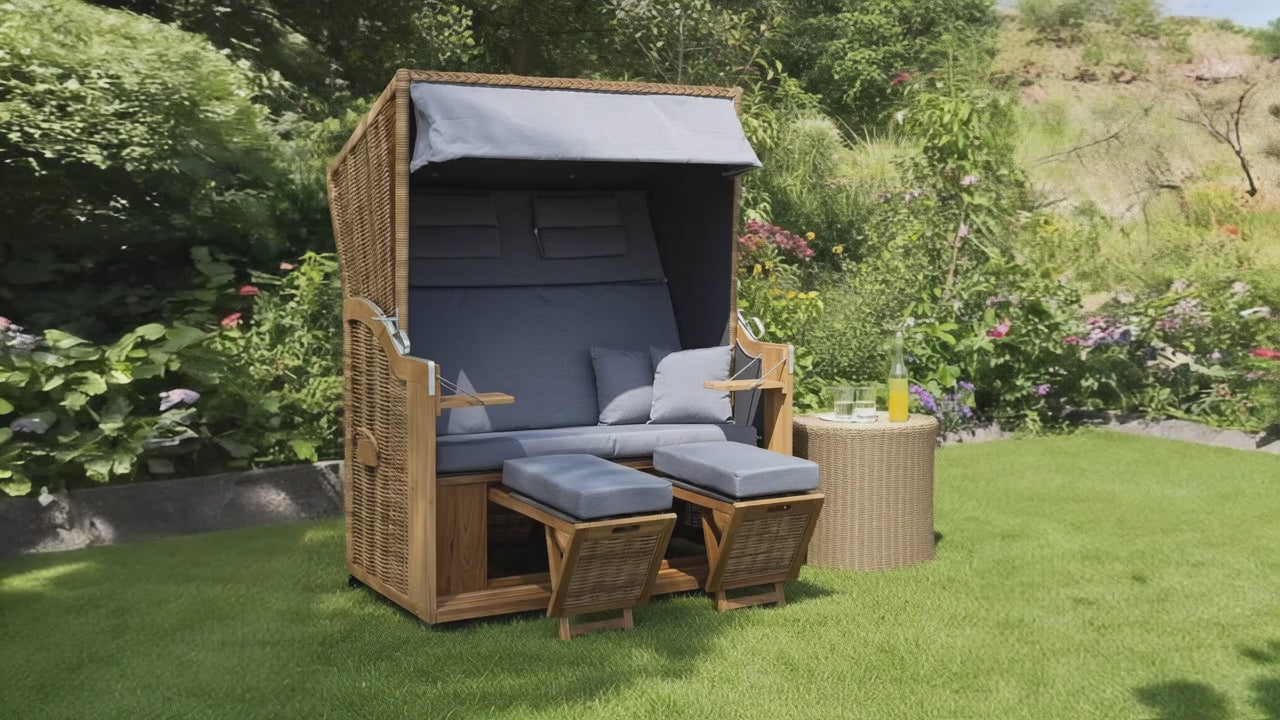 XL Teak Strandkorb 2-Sitzer grau – B-Ware mit leichten Polsterflecken (voll funktionsfähig)