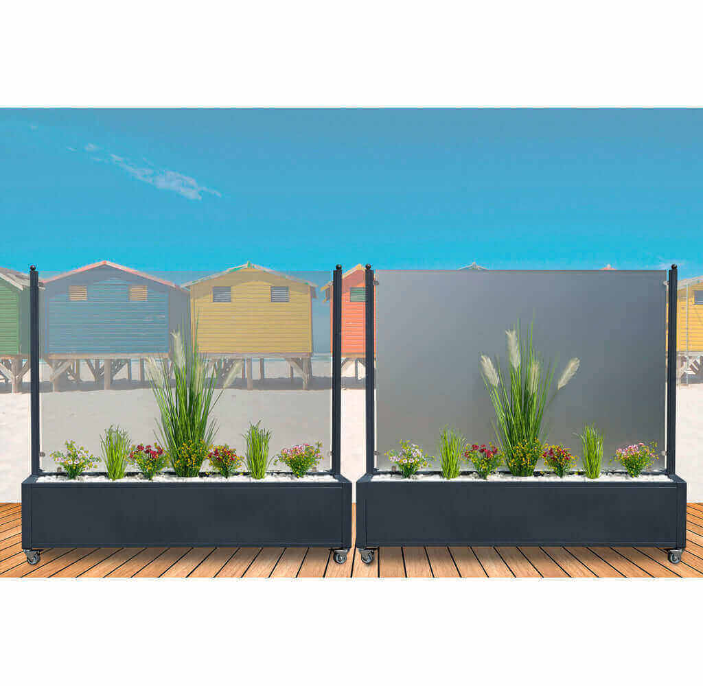 Mobiler Windschutz mit Pflanzkasten - wetterfest & rollbar - Sicherheitsglas in 150 cm & 200 cm