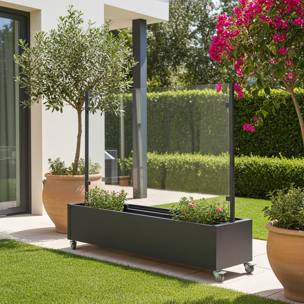 Mobiler Windschutz mit Pflanzkasten ca.200cm Sicherheitsglas Made in Germany