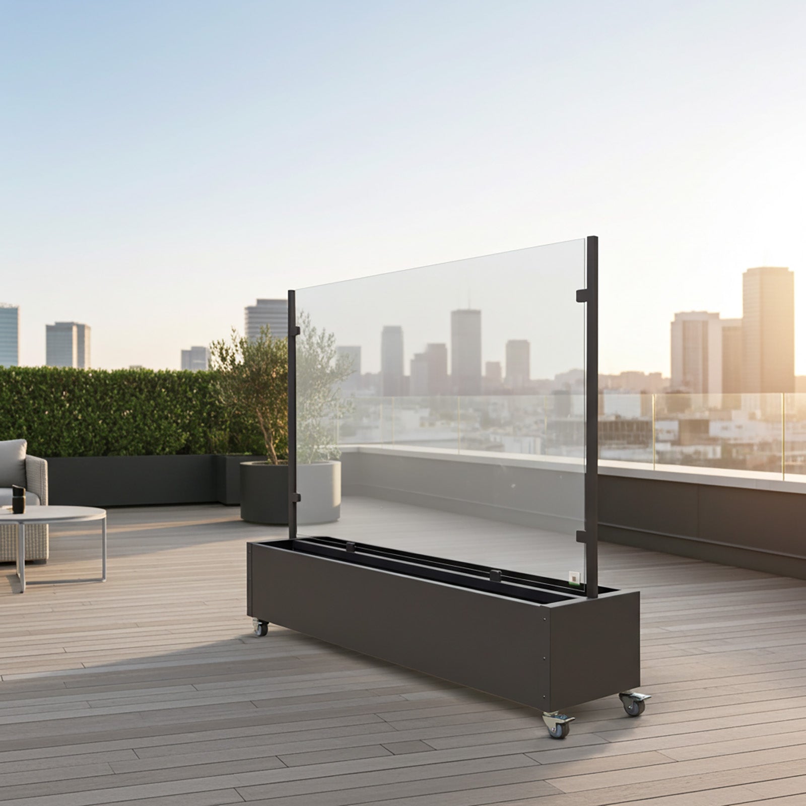 Mobiler Windschutz mit Pflanzkasten ca.200cm Sicherheitsglas Made in Germany