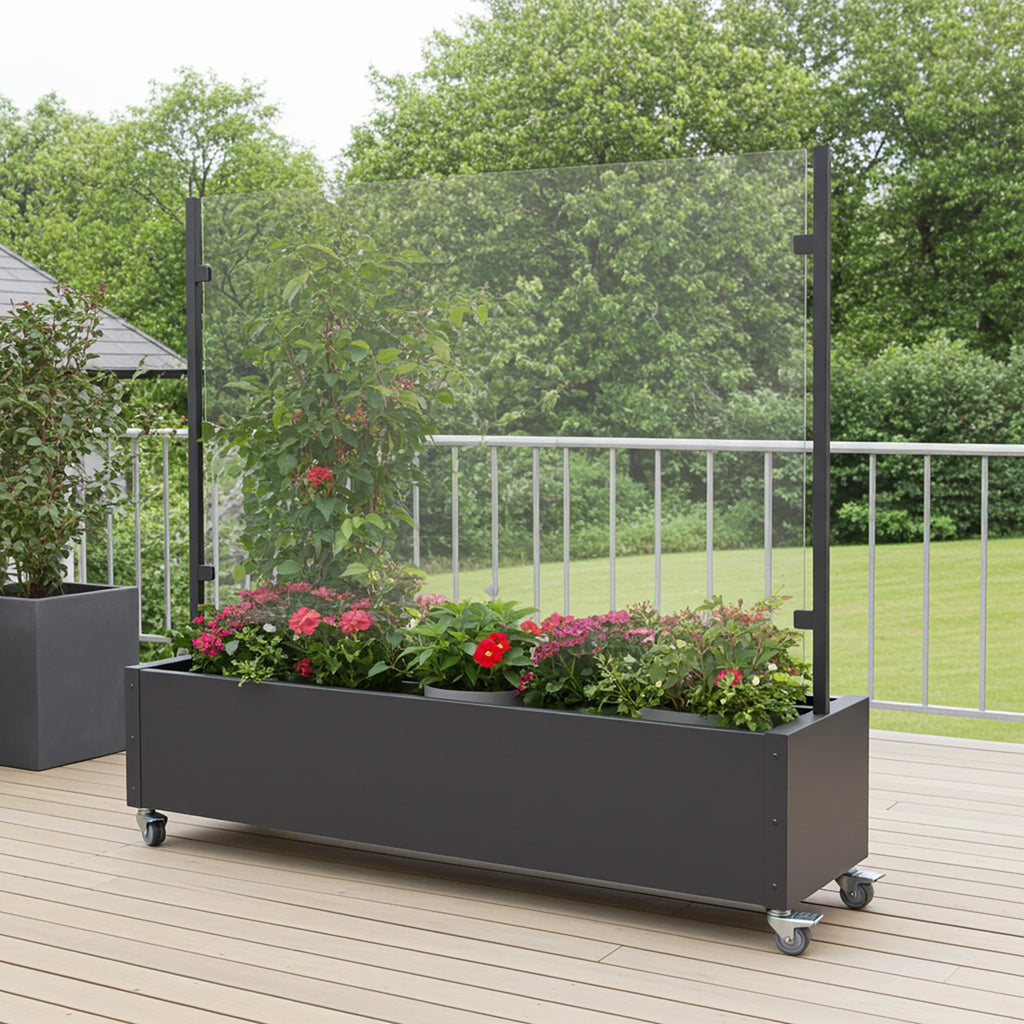 Mobiler Windschutz mit Pflanzkasten ca.200cm Sicherheitsglas Made in Germany